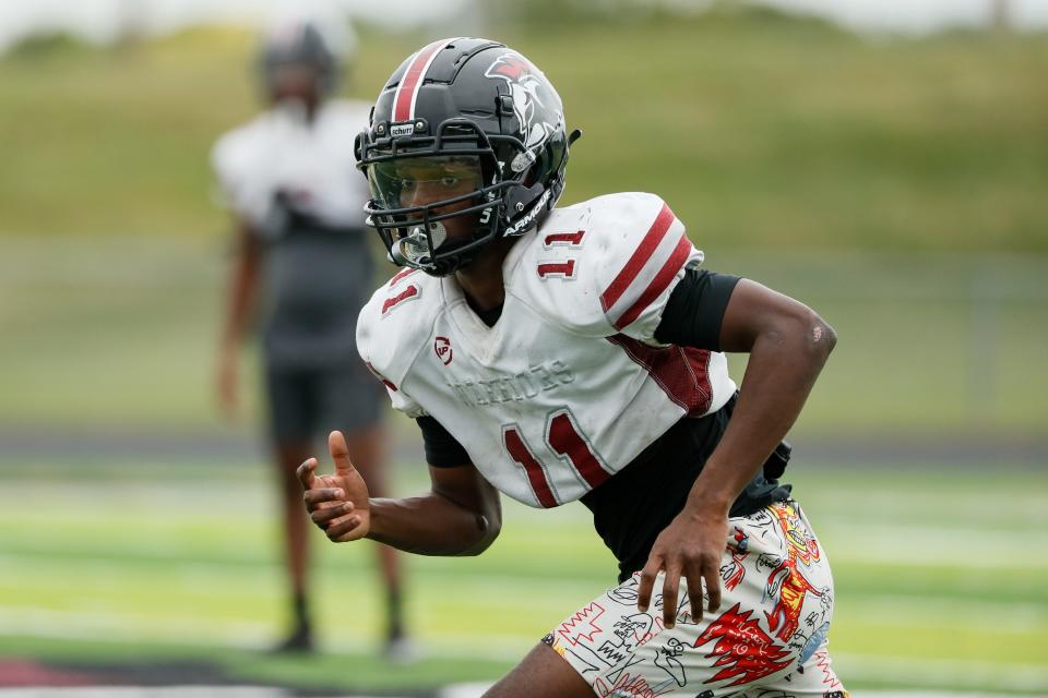 Sep 6, 2023; Canal Winchester, OH, 43110; at Harvest Preparatory Academy football field.
Harvest Prep Warriors wide receiver Chris Brown runs to get open for a pass during their practice at Harvest Preparatory Academy football field.