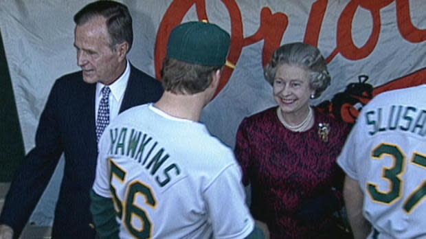 George H.W. Bush and Queen Elizabeth at a baseball game in 1991  