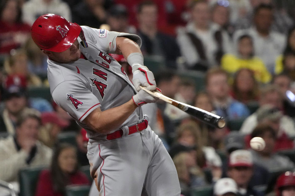 Los Angeles Angels' Mike Trout breaks his bat grounding out during the sixth inning of a baseball game against the St. Louis Cardinals Tuesday, May 2, 2023, in St. Louis. (AP Photo/Jeff Roberson)