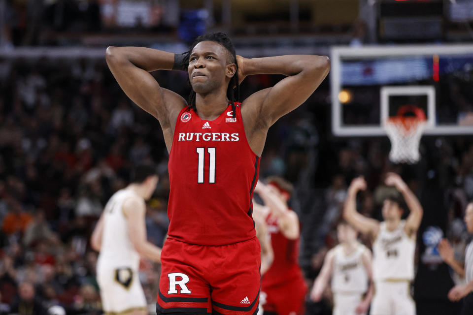 Mar 10, 2023; Chicago, IL, USA; Rutgers Scarlet Knights center Clifford Omoruyi (11) reacts to a call against his team during the second half at United Center. Mandatory Credit: Kamil Krzaczynski-USA TODAY Sports