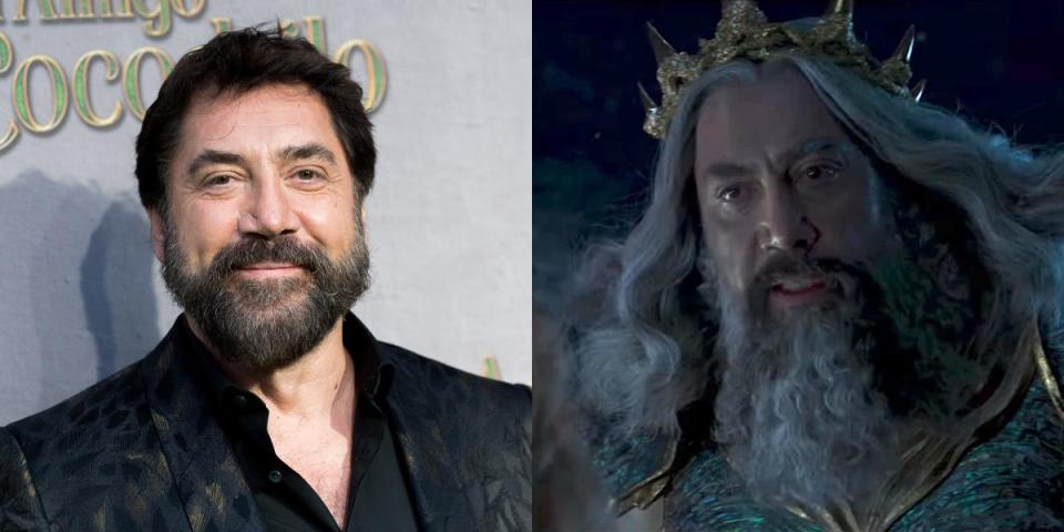 On the left: Javier Bardem in October 2022. On the right: Bardem as King Triton in "The Little Mermaid."
