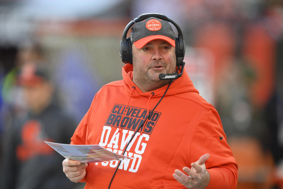 Cleveland Browns head coach Freddie Kitchens gestures during the second half of an NFL football game against the Baltimore Ravens, Sunday, Dec. 22, 2019, in Cleveland. (AP Photo/David Richard)