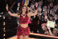 Singer Shakira performs, during the halftime show at the NFL Super Bowl 54 football game between the San Francisco 49ers and Kansas City Chiefs', Sunday, Feb. 2, 2020, in Miami Gardens, Fla. (AP Photo/Charlie Riedel)