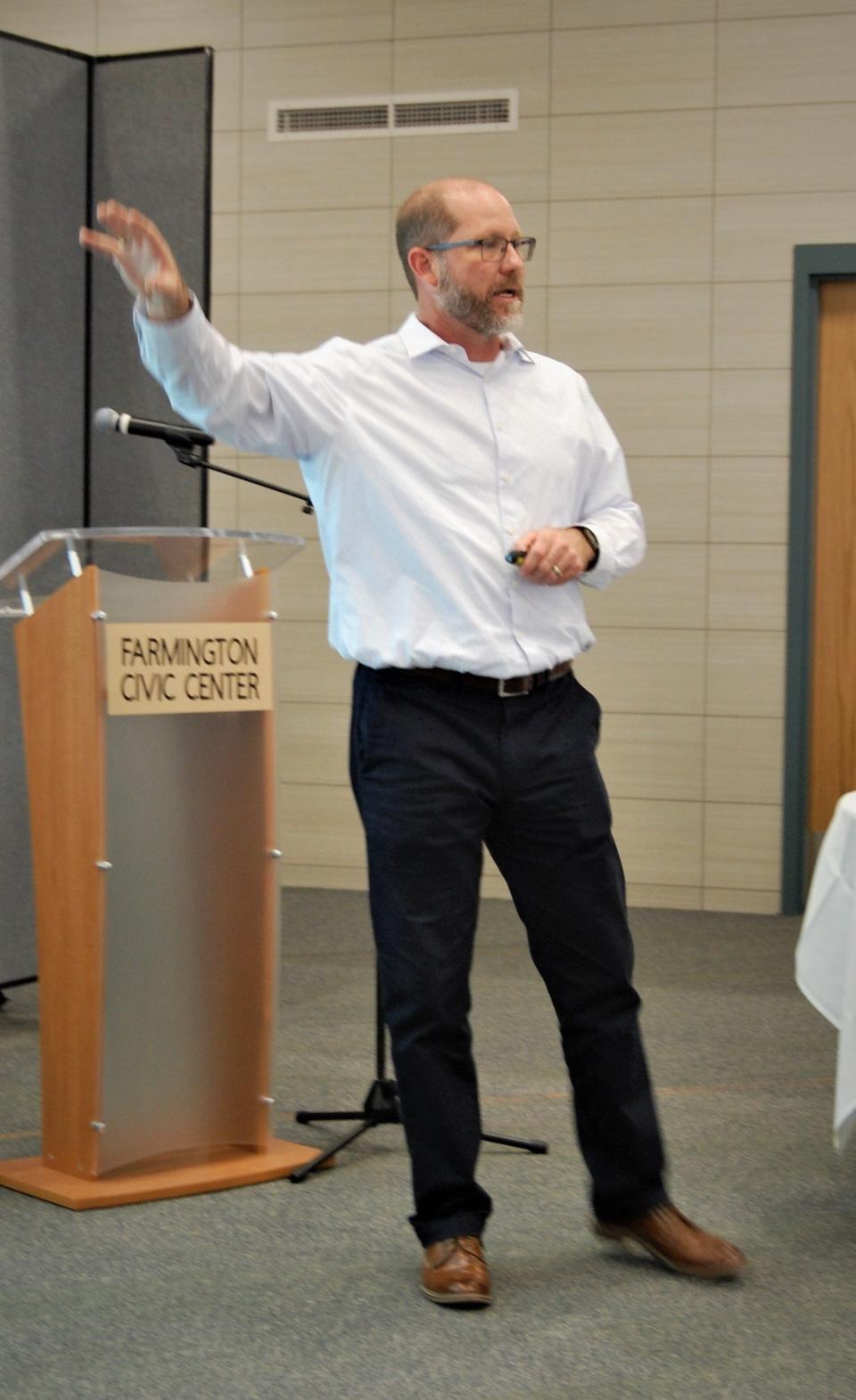 Greg Miller of MRWM Landscape Architects takes audience members through some of the science behind the design of all-abilities parks during a public meeting May 11 at the Farmington Civic Center.