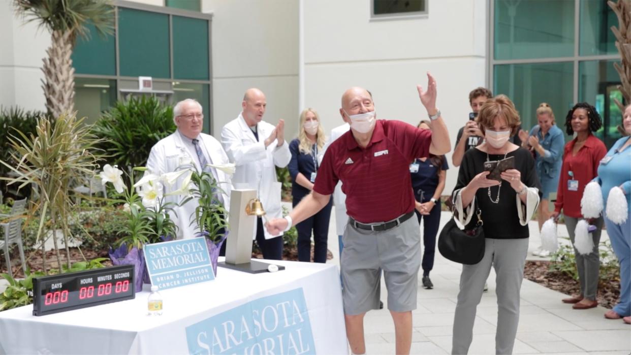 Flanked by his doctors and nurses and buoyed by the good news, ESPN broadcaster Dick Vitale, a Lakewood Ranch resident, rang the victory bell in a special chemo completion ceremony at Sarasota Memorial Hospital’s Brian D. Jellison Cancer Institute.