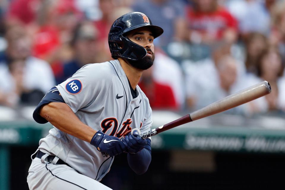 Tigers' Riley Greene watches his two-run double off Guardians starting pitcher Zach Plesac (not pictured)  during the fourth inning Friday, July 15, 2022, in Cleveland.