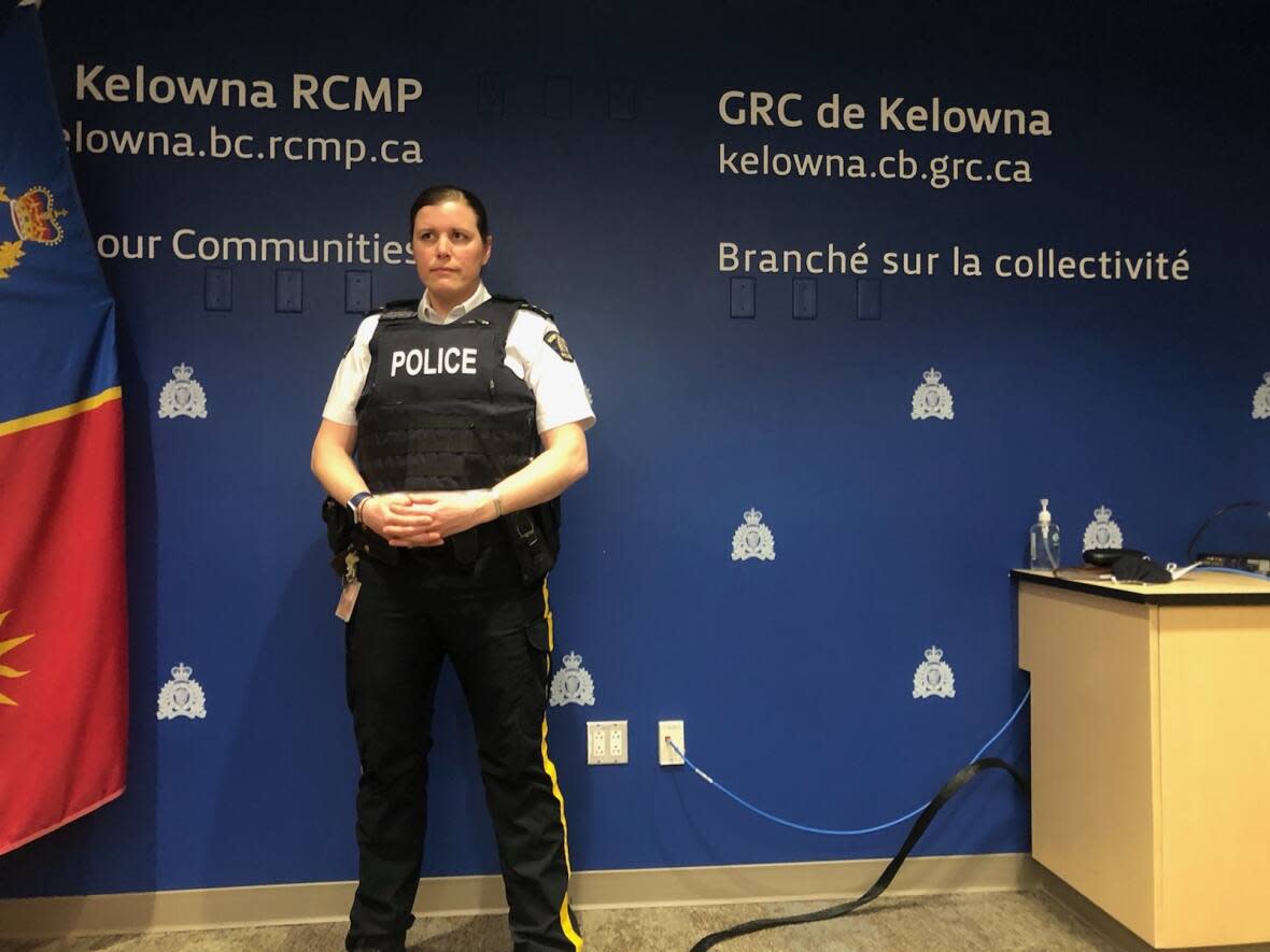 Kelowna RCMP Supt. Kara Triance at a news conference on Feb. 23.  (Dana Kelly/CBC - image credit)