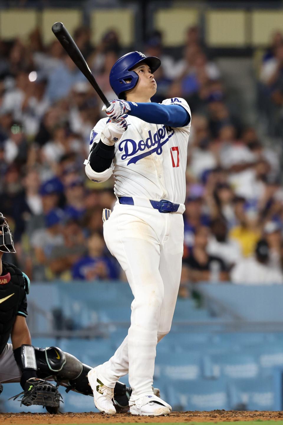 Shohei Ohtani hits a two-run home run against the Arizona Diamondbacks at Dodger Stadium on July 2.