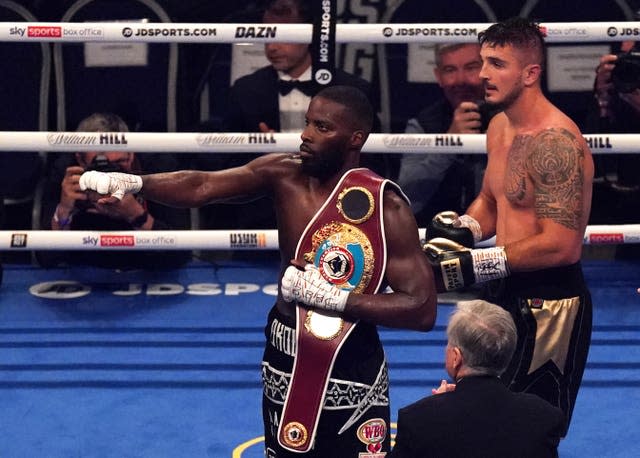 Lawrence Okolie, left, retained his WBO cruiserweight title last Saturday (Nick Potts/PA)