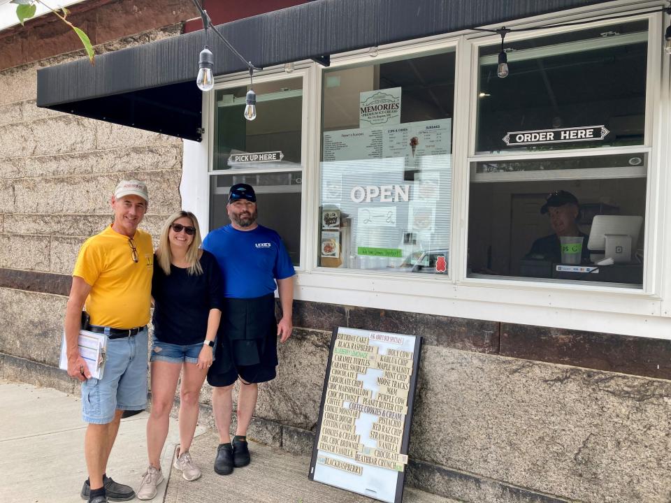 From left to right: Steve Padfield, owner of Memories Ice Cream; Jayne Powell, Gerry's Variety store manager; and K.C. Cargill, owner of Sidetracks in front of the ice cream stand on Monday, Aug. 7, 2023.