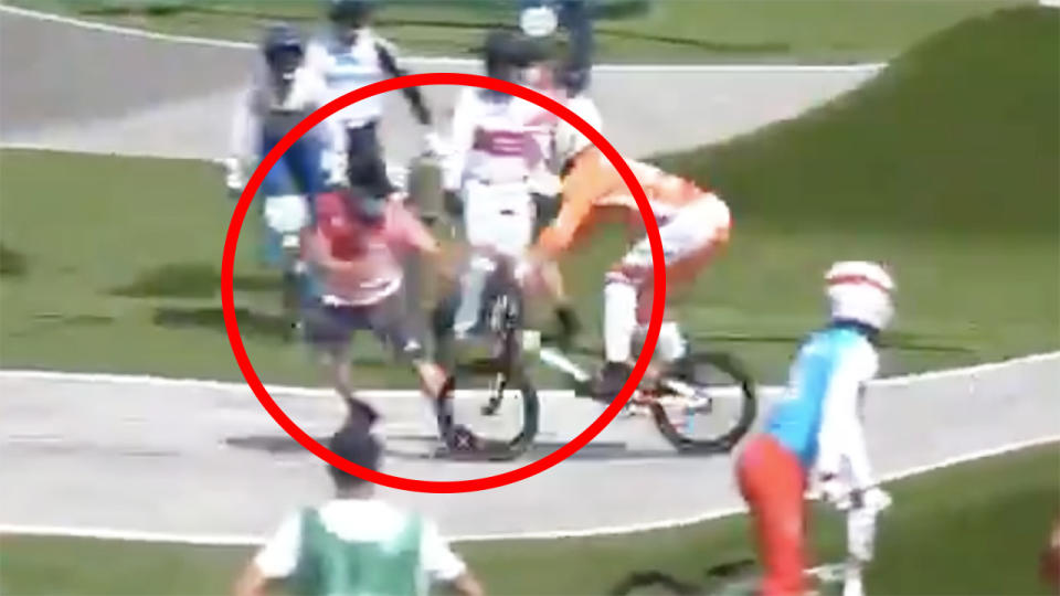 Dutch BMX rider Niek Kimmann was fortunate to walk away unscathed after a terrifying collision with a careless official during practice. Picture: Twitter/@niekkimmann