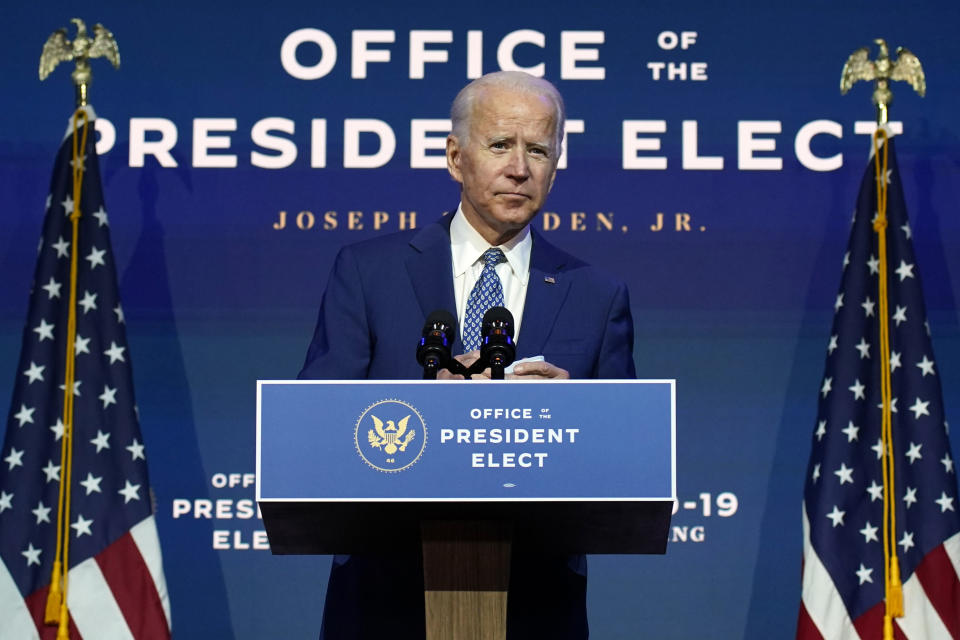 President-elect Joe Biden speaks Monday, Nov. 9, 2020, at The Queen theater in Wilmington, Del. (AP Photo/Carolyn Kaster)