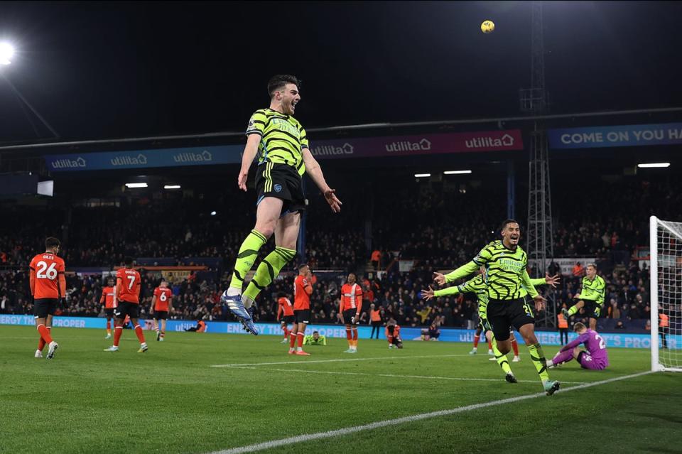 Declan Rice’s header secured victory for Arsenal in a seven-goal thriller at Luton (Getty Images)