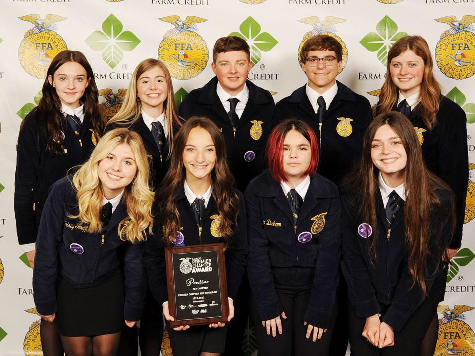 Members of the Pontiac FFA Chapter that finished in the top five and was third runnerup for the Premier Chapter Award at the 95th Illinois State FFA Convention recently.