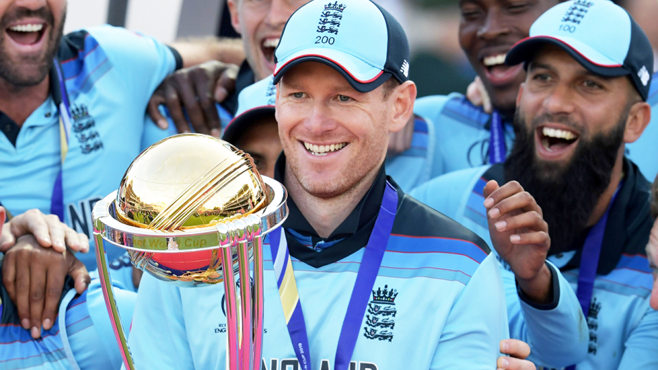 England cricket great Eoin Morgan (pictured) holding the World Cup Trophy.