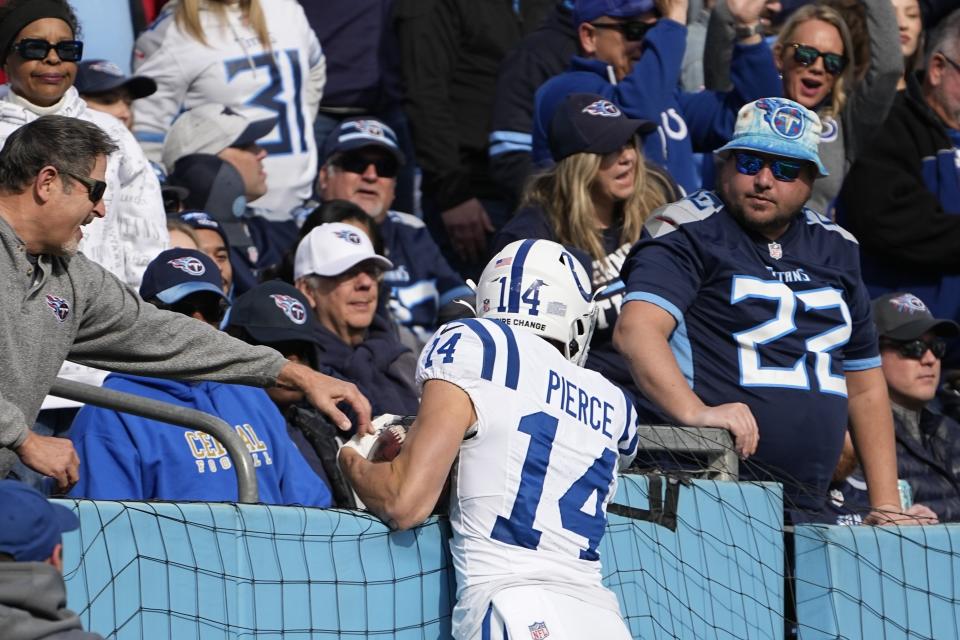 Indianapolis Colts' Alec Pierce celebrates a touchdown reception during the first half of an NFL football game against the Tennessee Titans, Sunday, Dec. 3, 2023, in Nashville, Tenn. (AP Photo/George Walker IV)