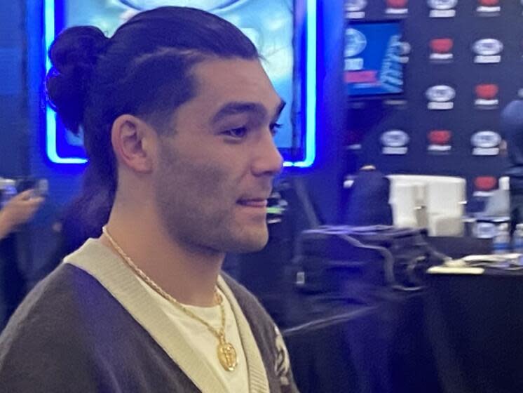 Puka Nacua, who will get votes for the rookie of the year, talks in Las Vegas ahead of Super Bowl LVIII.