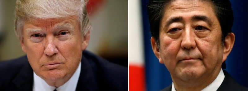 FILE PHOTOS: A combination of file photos show U.S. President Donald Trump (L) in Washington March 1, 2017 and Japan's Prime Minister Shinzo Abe in Tokyo November 18, 2014 . REUTERS/Kevin Lamarque/Toru Hanai/File Photos