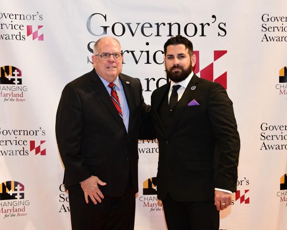 Robert Zellner of Hagerstown is congratulated by Maryland Gov. Larry Hogan at the 36th annual Governor’s Service Awards Ceremony in 2019 in Annapolis. Zellner was the recipient of the AmeriCorps Alum category. In December, he filed an ethics complaint against Hagerstown Mayor Emily Keller.