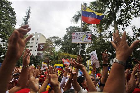 Elderly protesters raise their hands during a march for peace in downtown Caracas February 23, 2014. REUTERS/Tomas Bravo