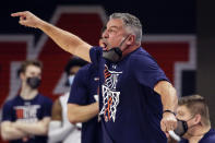 Auburn head coach Bruce Pearl reacts to a call during the first half of an NCAA basketball game against Tennessee Saturday, Feb. 27, 2021, in Auburn, Ala. (AP Photo/Butch Dill)