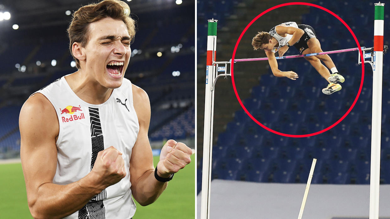 Armand Duplantis, pictured here breaking the outdoor pole vault world record.