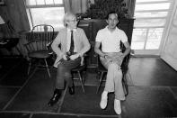 <p>Warhol, left, with business manager Fred Hughes at Eothen, from an <a href="http://bit.ly/1Zb0z7F" rel="nofollow noopener" target="_blank" data-ylk="slk:Elliman Media magazine article;elm:context_link;itc:0;sec:content-canvas" class="link ">Elliman Media magazine article</a> about the property’s return to the market. <br></p>