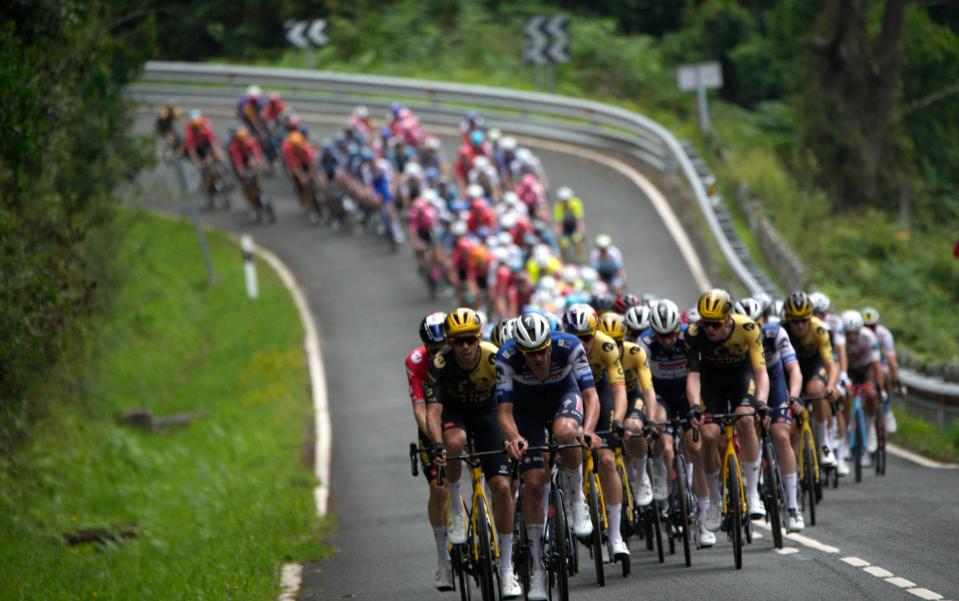The peloton riding during the opening stage of the 2023 Tour de France