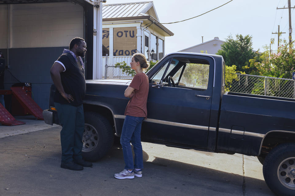 This image released by Apple TV+ shows Brian Tyree Henry, left, and Jennifer Lawrence in "Causeway." (Wilson Webb/Apple TV+ via AP)