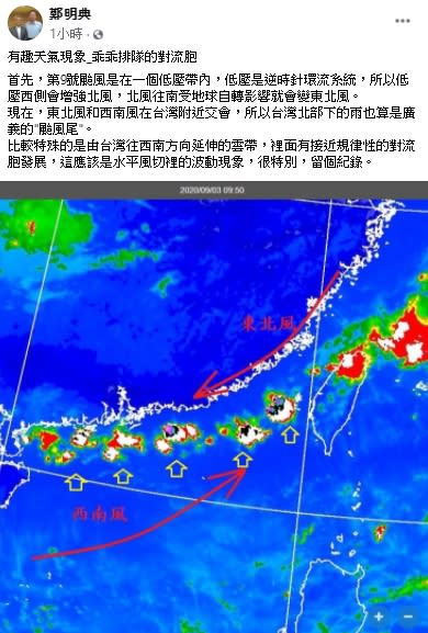 鄭明典表示，今日台灣北部下的雨也算是廣義的「颱風尾」。（圖／中央氣象局）