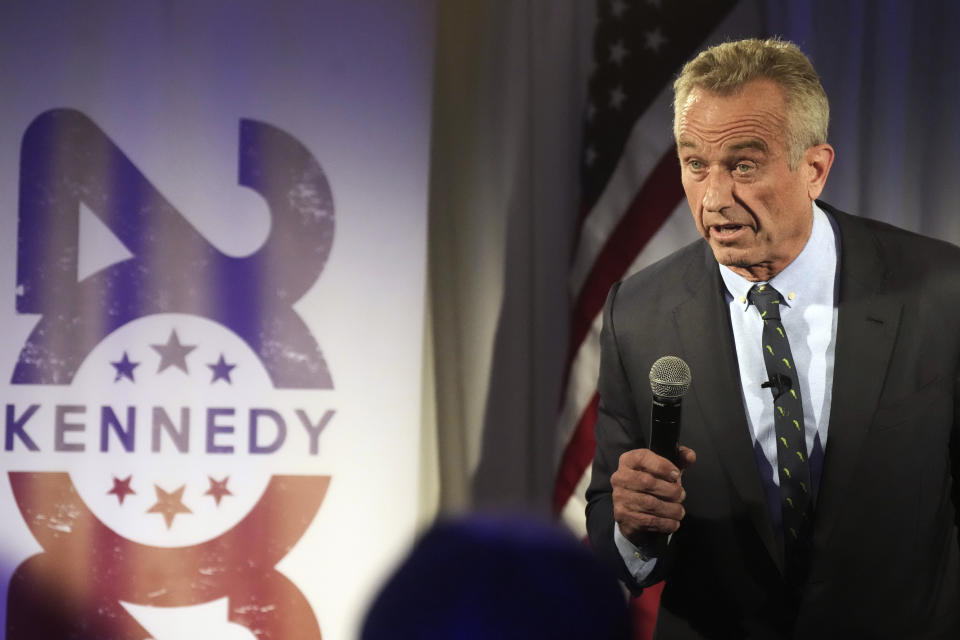 FILE - Independent presidential candidate Robert F. Kennedy Jr. speaks during a campaign event, Nov. 14, 2023, in Columbia, S.C. Robert Kennedy Jr.’s presidential ambitions resulted in public family drama after a political action committee aired a Super Bowl ad invoking the Democratic family’s legacy to implicitly compare the independent candidate to his assassinated uncle, President John F. Kennedy. (AP Photo/Meg Kinnard, File)