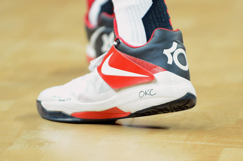 A view of Kevin Durant's of the US Men's Senior National Team sneaker worn against Tunisia during their Basketball Game on Day 4 of the London 2012 Olympic Games at the Olympic Park Basketball Arena on July 31, 2012 in London, England. (Getty Images)