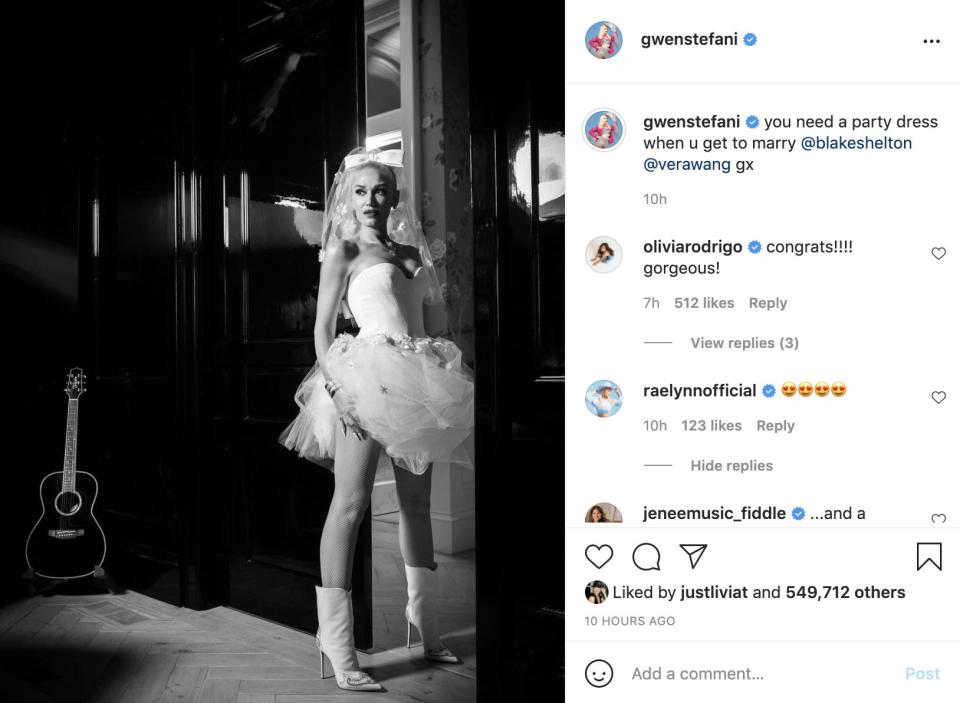 A screenshot of Gwen Stefani's Instagram showing the musician standing in her second wedding dress.