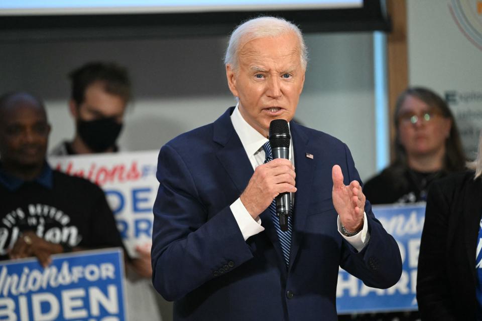 President Joe Biden speaks as he meets with national union leaders at the American Federation of Labor and Congress of Industrial Organizations (AFL-CIO) headquarters in Washington, DC, on July 10, 2024.