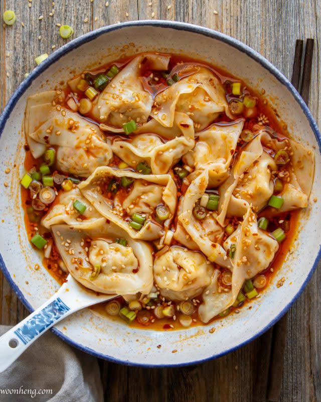 <p><strong>Get the recipe here: <a href="https://woonheng.com/vegan-wonton-red-chili-oil/" rel="nofollow noopener" target="_blank" data-ylk="slk:Vegan Wonton in Red Chili Oil;elm:context_link;itc:0;sec:content-canvas" class="link ">Vegan Wonton in Red Chili Oil</a></strong></p>
