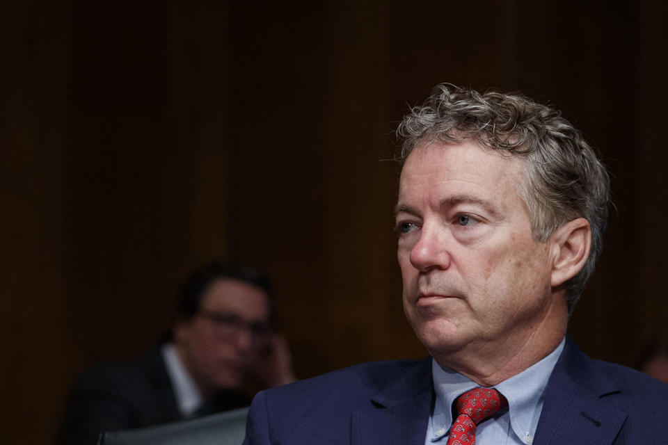 Sen. Rand Paul, R-Ky., pauses before a Senate Committee on Health, Education, Labor, and Pensions hearing on Capitol Hill in Washington, Tuesday, March 5, 2019, to examine vaccines, focusing on preventable disease outbreaks. (AP Photo/Carolyn Kaster)