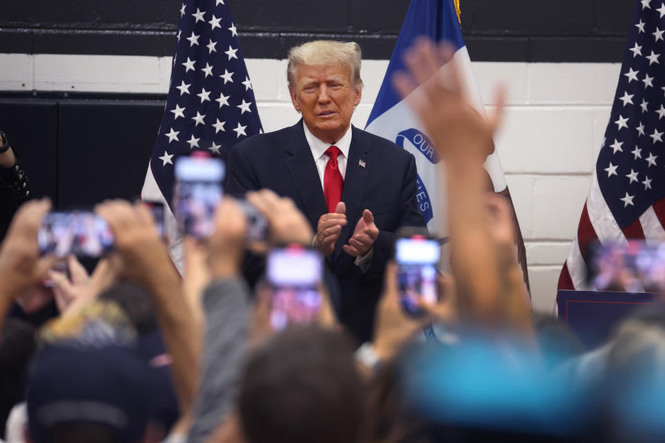 Former President Donald Trump greets supporters at a Team Trump volunteer leadership training event held at the Grimes Community Complex on June 01, 2023 in Grimes, Iowa. Trump delivered an unscripted speech to the crowd at the event before taking several questions from his supporters