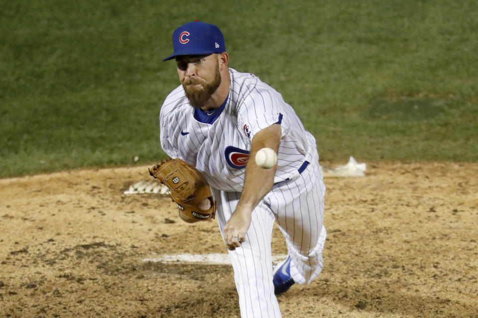 Chicago Cubs relief pitcher Kyle Ryan delivers during the ninth inning of a baseball game against the Kansas City Royals Tuesday, Aug. 4, 2020, in Chicago. The Cubs won 5-4. (AP Photo/Charles Rex Arbogast)