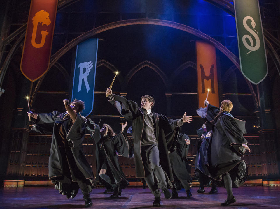 This image released by Boneau/Bryan-Brown shows a scene from the production of"Harry Potter and the Cursed Child," in New York. The two parts of the production are more than a combined five hours. (Matthew Murphy/Boneau/Bryan-Brown via AP)