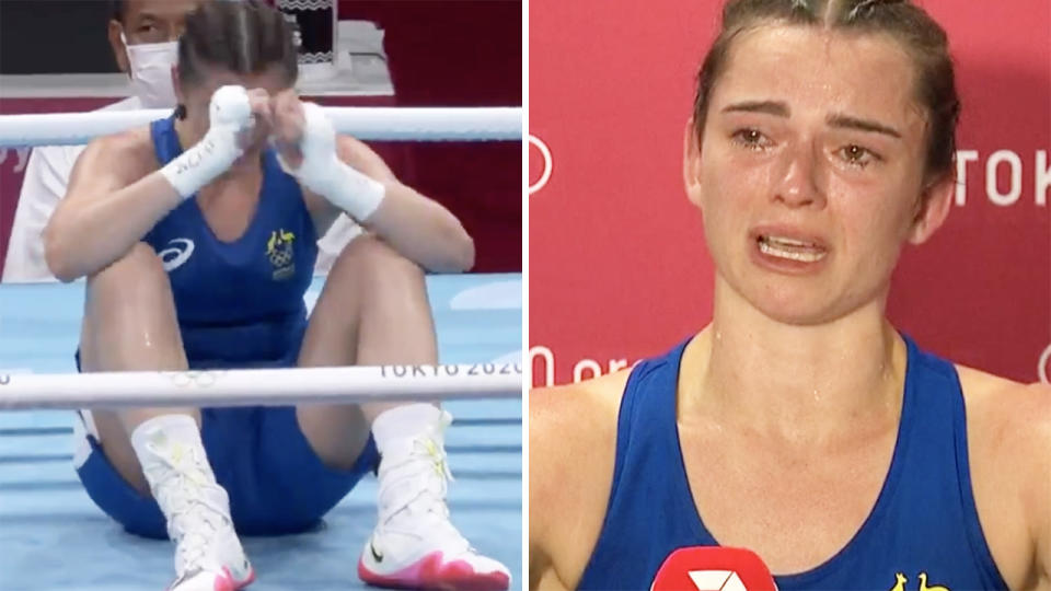 Australian boxer Skye Nicholson was absolutely shattered after losing out in the quarter finals at the Tokyo Olympics by a 3-2 split decision. Pictures: Channel 7