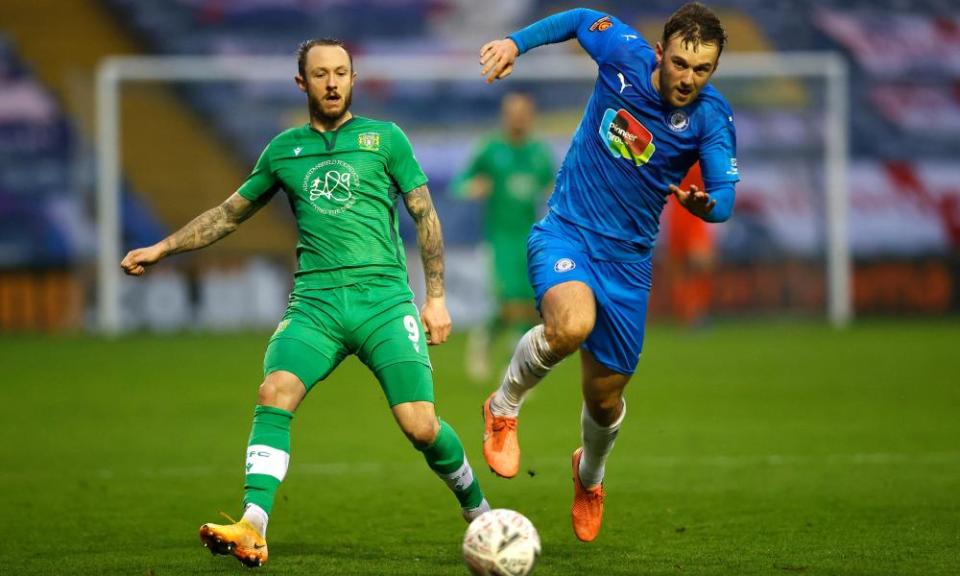 Stockport’s Jamie Stott competes with Rhys Murphy of Yeovil Town during Stockport’s win in November, which set up Monday’s tie with West Ham.