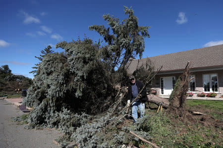 A man removes branches from a damaged tree after a tornado hit the Mont-Bleu neighbourhood in Gatineau, Quebec, Canada, September 22, 2018. REUTERS/Chris Wattie