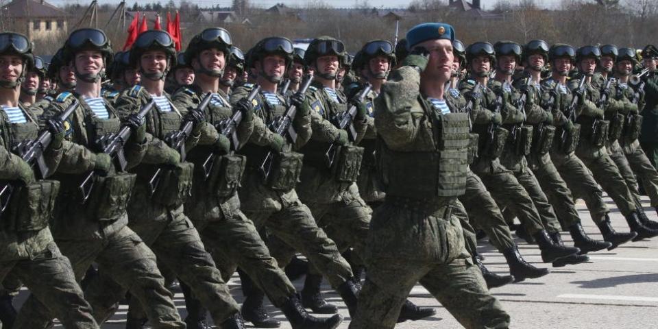 Russian paratroopers during the rehearsals for the Victory Day Military Parade at the polygon, on April 18, 2022 in Alabino, outside of Moscow, Russia
