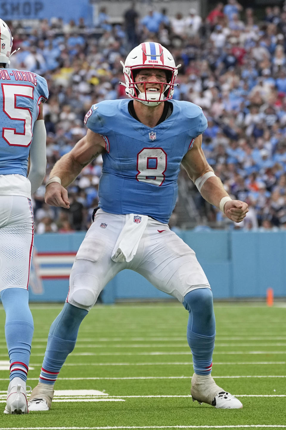 Tennessee Titans quarterback Will Levis (8) reacts after throwing a touchdown pass against the Atlanta Falcons during the second half of an NFL football game, Sunday, Oct. 29, 2023, in Nashville, Tenn. (AP Photo/George Walker IV)