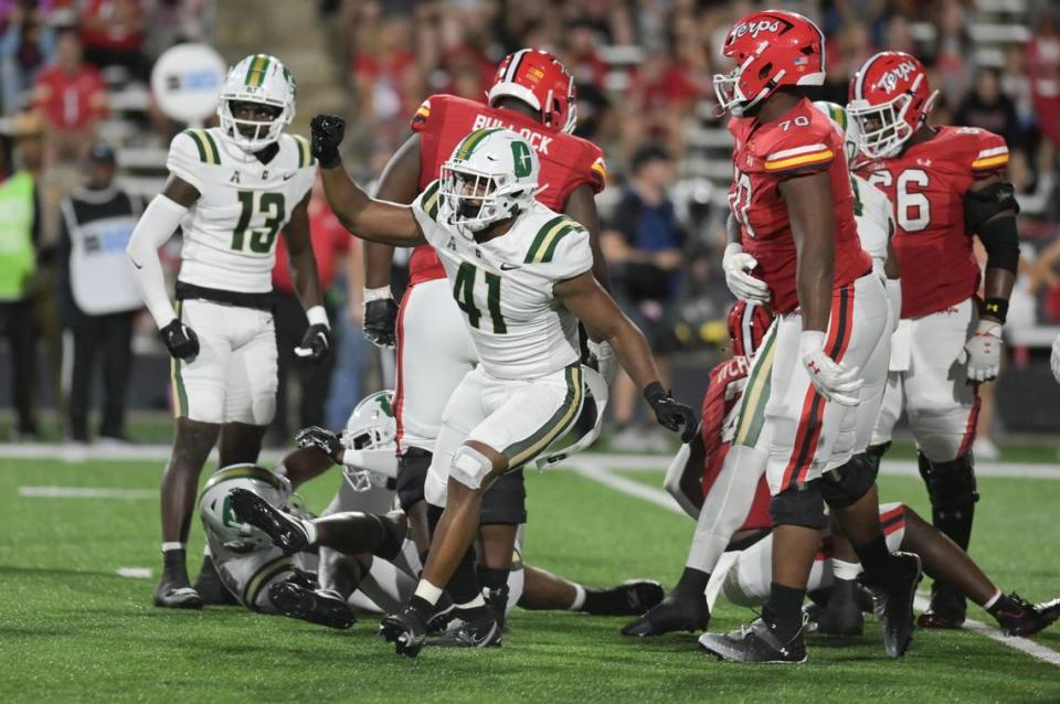 Charlotte 49ers linebacker Nikhai Hill-Green (41) reacts after stopping Maryland Terrapins offense on third down during the first half at SECU Stadium. / Tommy Gilligan-USA TODAY Sports