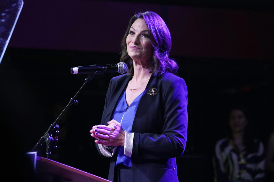 Florida Democratic gubernatorial candidate Nikki Fried pauses after conceding the race to U.S. Rep. Charlie Crist, Tuesday, Aug. 23, 2022, in Fort Lauderdale, Fla. Crist will face incumbent Republican Governor Ron DeSantis in November. (AP Photo/Marta Lavandier)