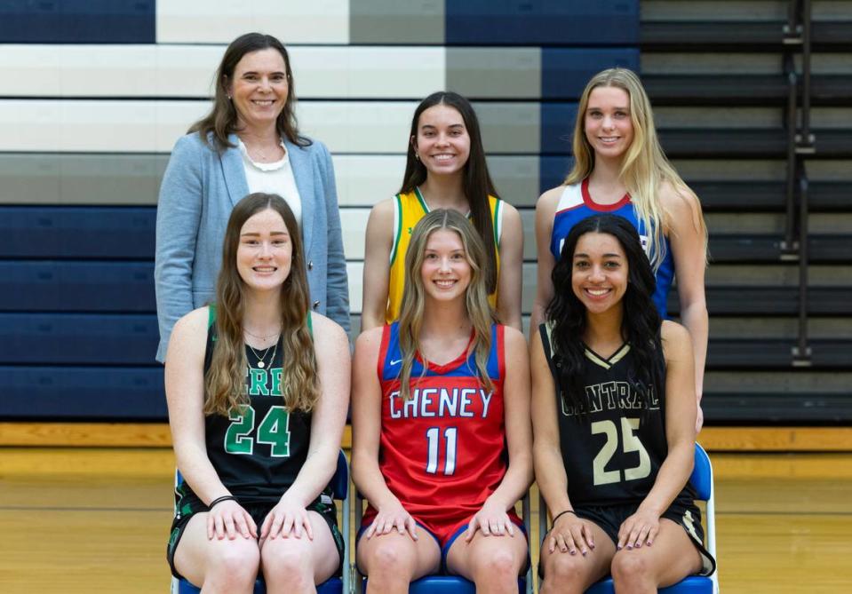 The 2023 All-Metro girls basketball team: (from top left to right) Berean coach Kristin Wiebe, Carroll’s Landon Forbes, Andover’s Brooke Walker; (from bottom left to right) Derby’s Addy Brown, Cheney’s Campbell Hague, Andover Central’s Maddi Amekporfor. Not pictured: Maize South’s Avery Lowe.