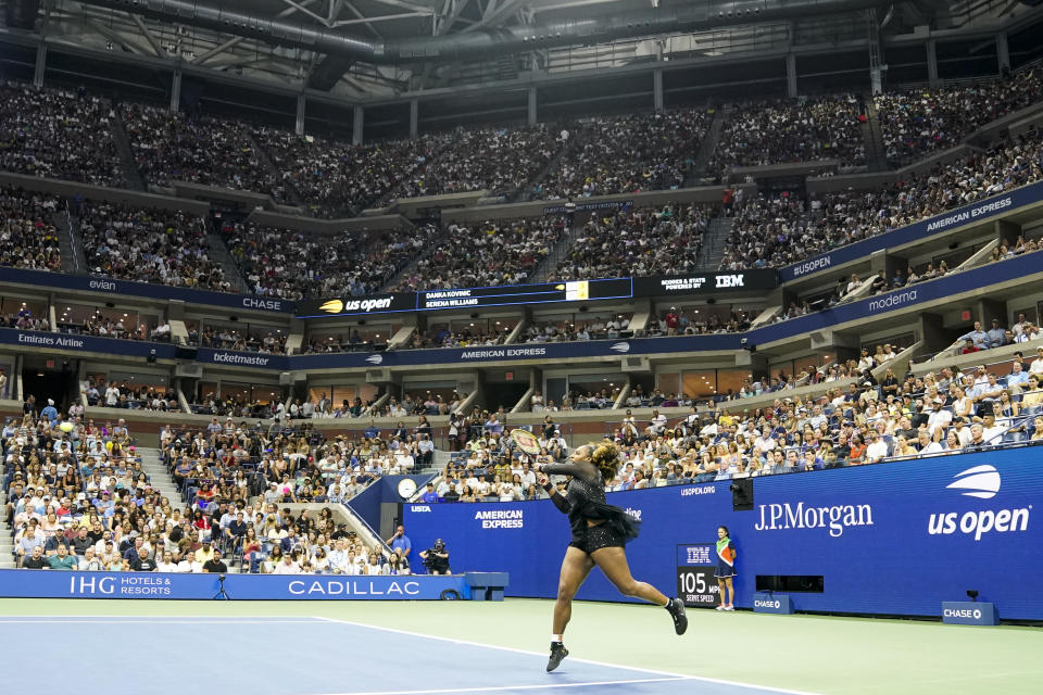 Serena Williams, of the United States, returns a shot to Danka Kovinic, of Montenegro, during the first round of the US Open tennis championships, Monday, Aug. 29, 2022, in New York. (AP Photo/John Minchillo)