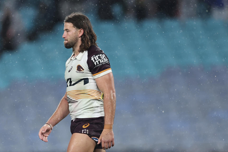 SYDNEY, AUSTRALIA - JUNE 14: Patrick Carrigan of the Broncos looks dejected during the round 15 NRL match between South Sydney Rabbitohs and Brisbane Broncos at Accor Stadium, on June 14, 2024, in Sydney, Australia. (Photo by Cameron Spencer/Getty Images)