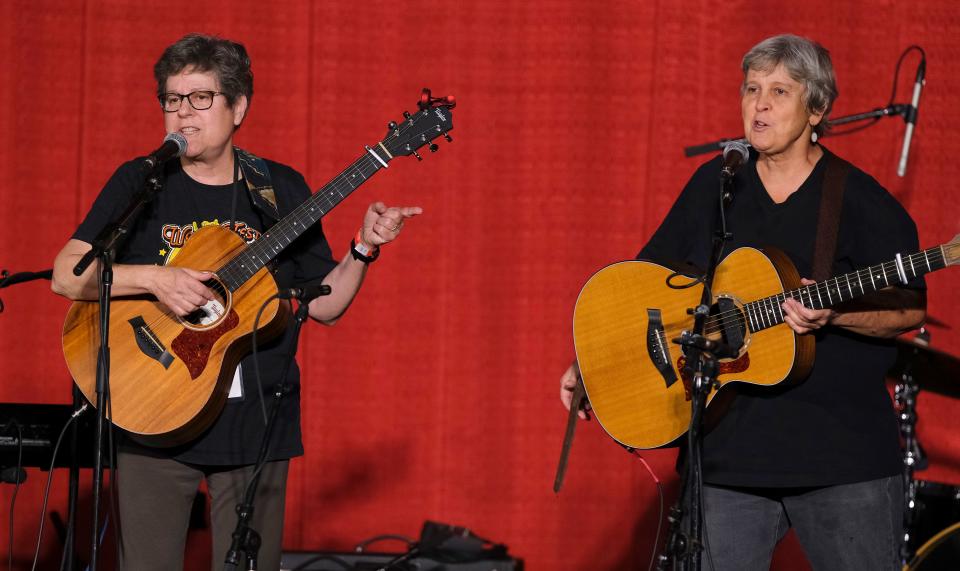 Oklahoma City duo Miss Brown to You — from left, Louise Goldberg and Mary Reynolds — performs July 15, 2021, at the Crystal Theater during the Woody Guthrie Folk Festival in Okemah.